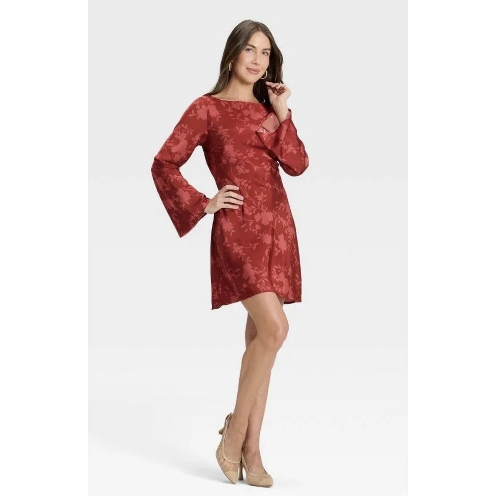 A New Day Women's Dress Size Medium Twist Back Bell Sleeve Floral Red Mini NWT
